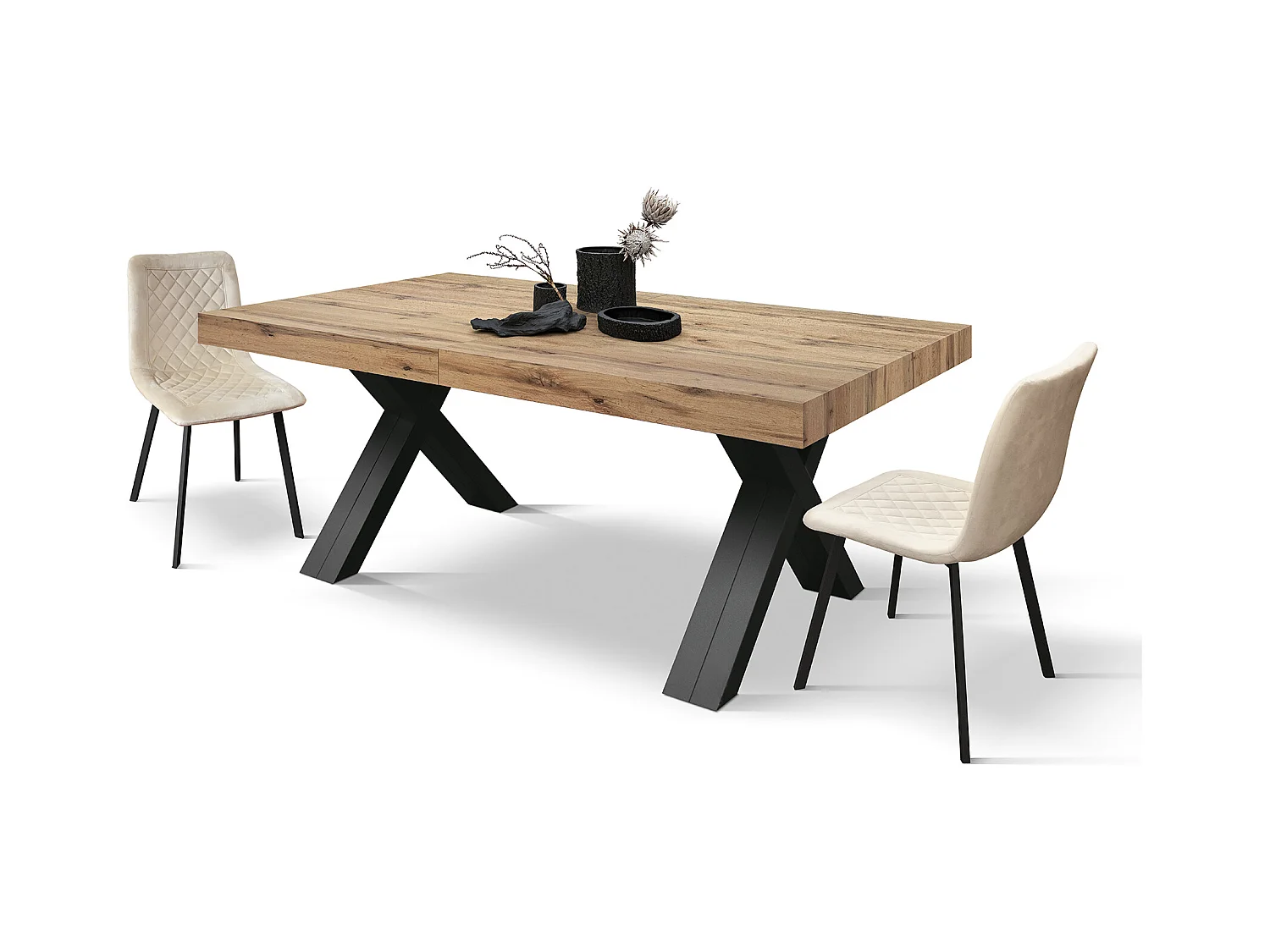 Tavolo allungabile Roberta, Rovere Rustico, Nobilitato melaminico,Gambe in MDF nere a X, da 180 a 480 cm,Made in Italy