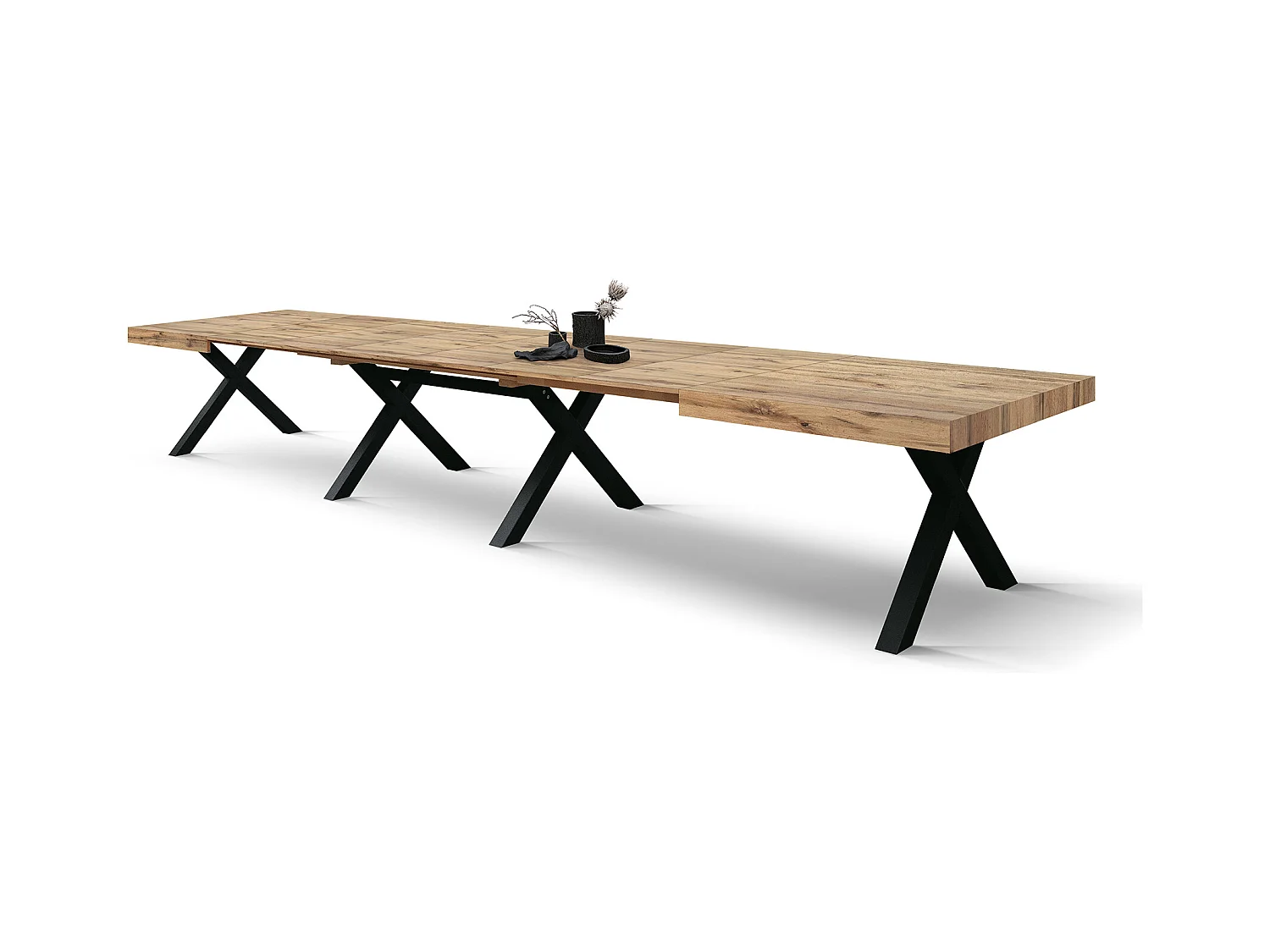 Tavolo allungabile Roberta, Rovere Rustico, Nobilitato melaminico,Gambe in MDF nere a X, da 180 a 480 cm,Made in Italy