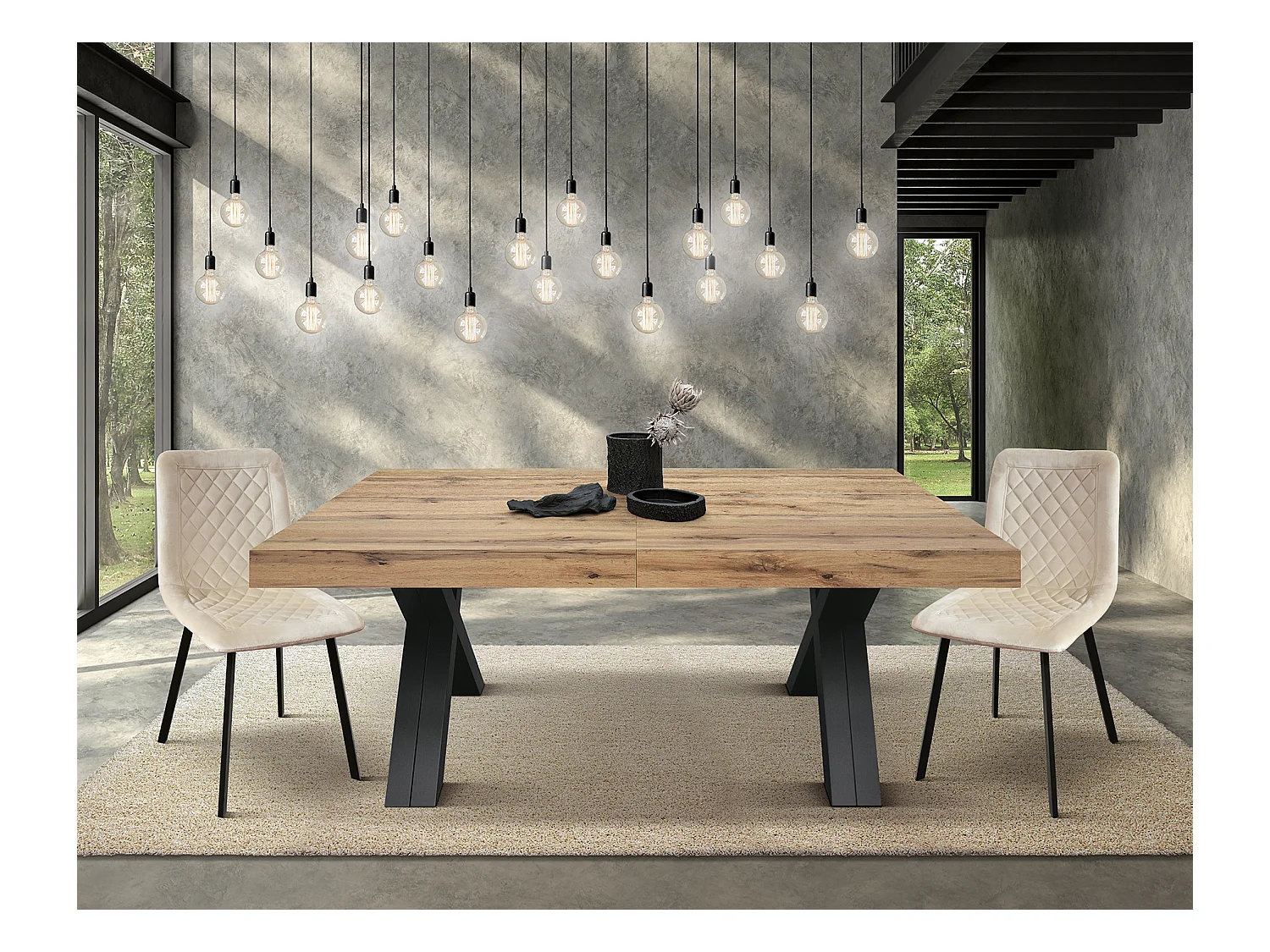 Tavolo allungabile Roberta, Rovere Rustico, Nobilitato melaminico,Gambe in MDF nere a X, da 180 a 480 cm,Made in Italy