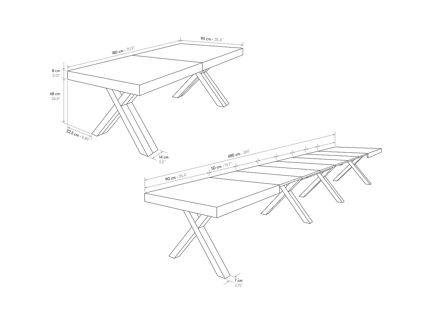 Tavolo allungabile Roberta, Rovere Rustico, Nobilitato melaminico,Gambe in MDF nere a X, da 180 a 480 cm,Made in Italy