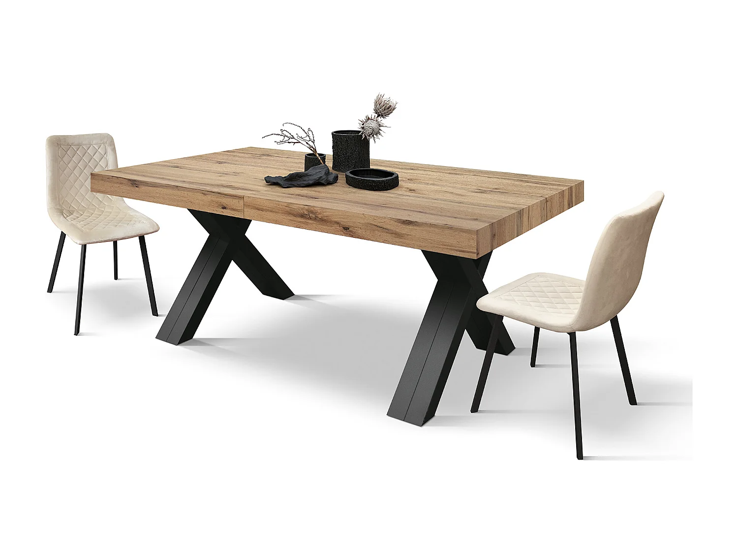 Tavolo allungabile Roberta, Rovere Rustico, Nobilitato melaminico,Gambe in MDF nere a X, da 180 a 480 cm,Made in Italy