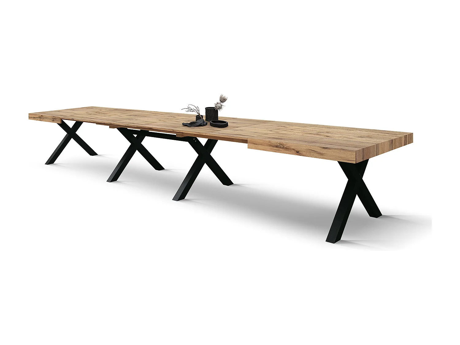 Tavolo allungabile Roberta, Rovere Rustico, Nobilitato melaminico,Gambe in MDF nere a X, da 180 a 480 cm,Made in Italy