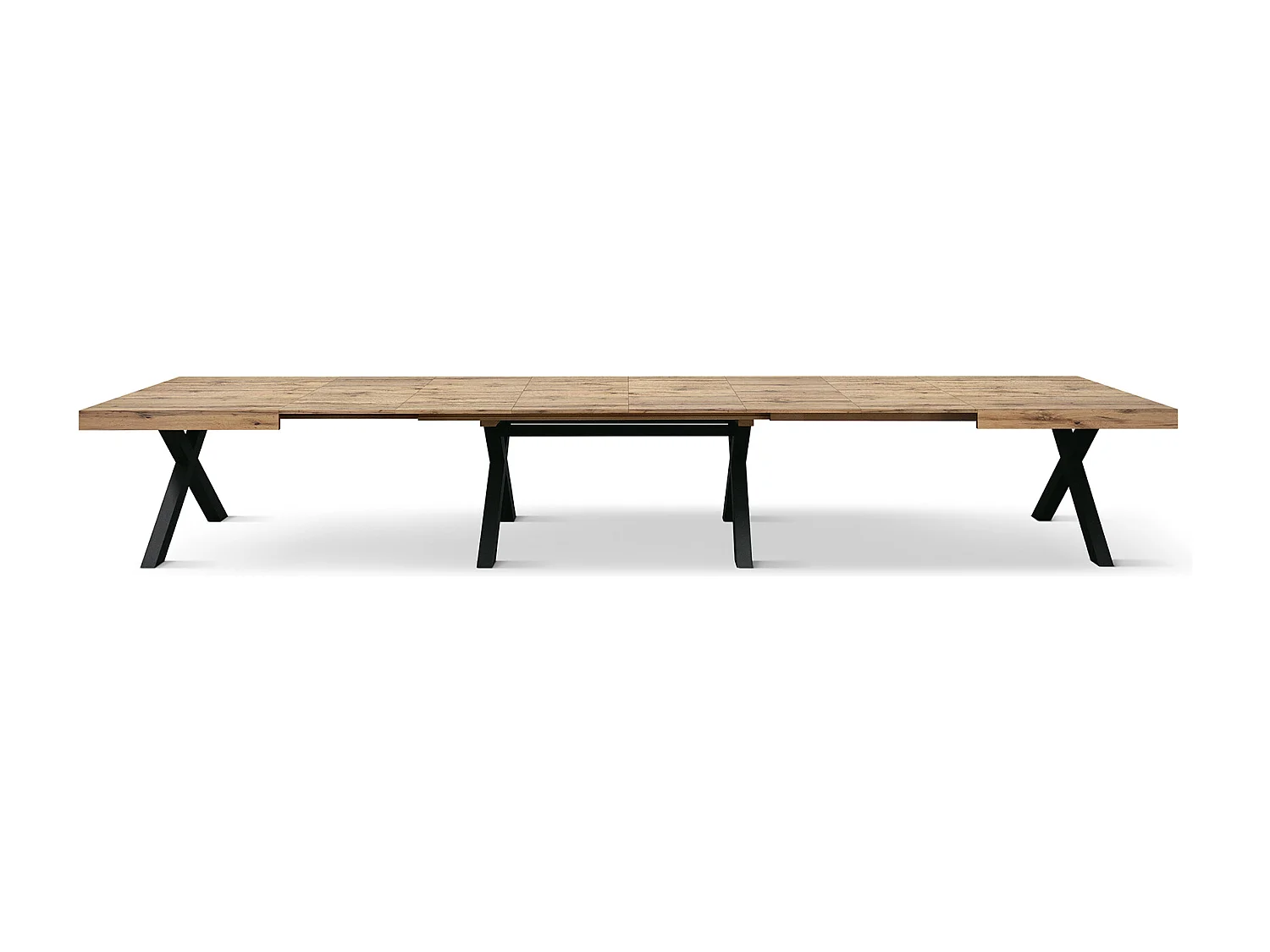 Tavolo allungabile Roberta, Rovere Rustico, Nobilitato melaminico,Gambe in MDF nere a X, da 180 a 480 cm,Made in Italy