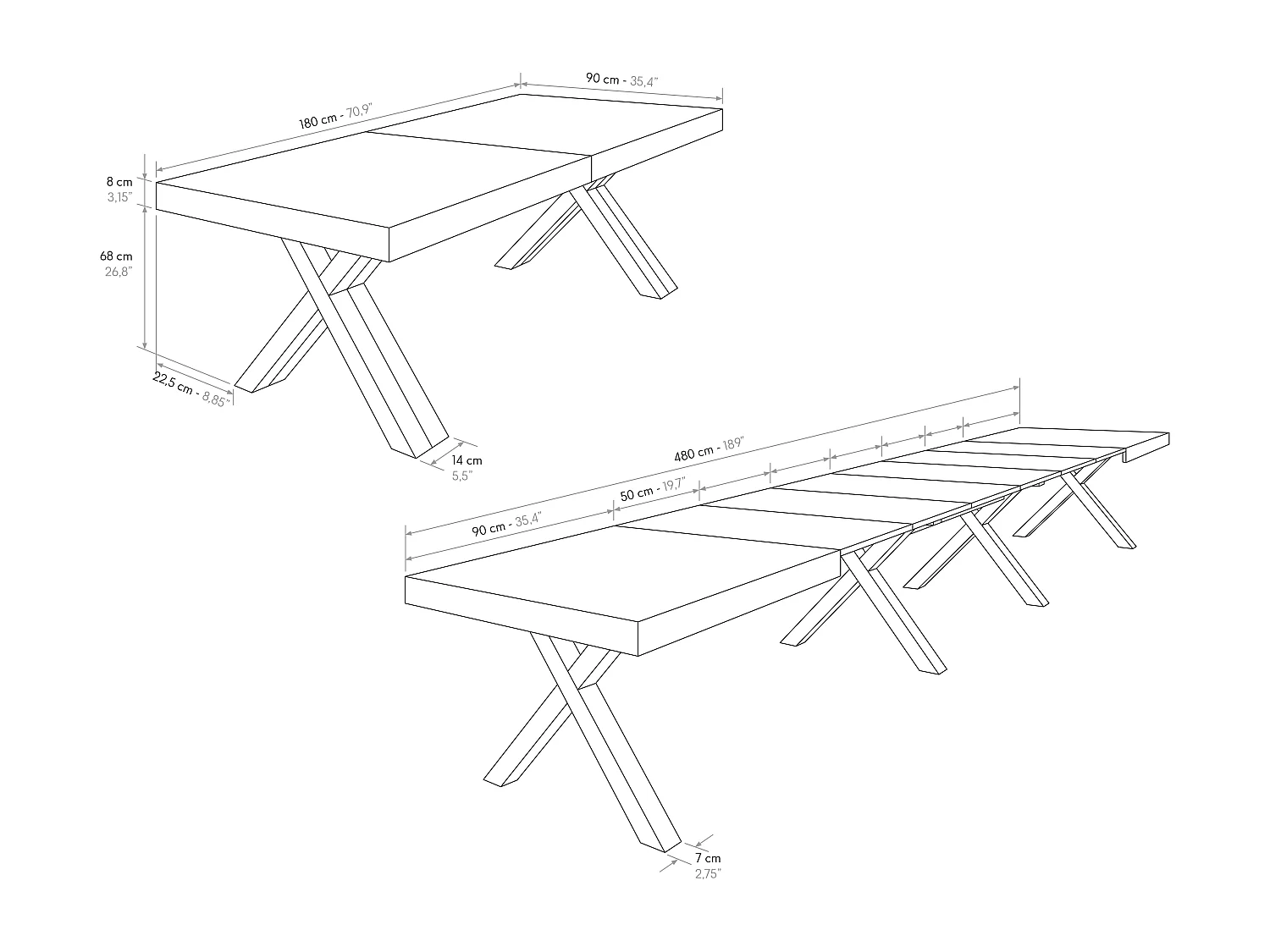 Tavolo allungabile Roberta, Rovere Rustico, Nobilitato melaminico,Gambe in MDF nere a X, da 180 a 480 cm,Made in Italy
