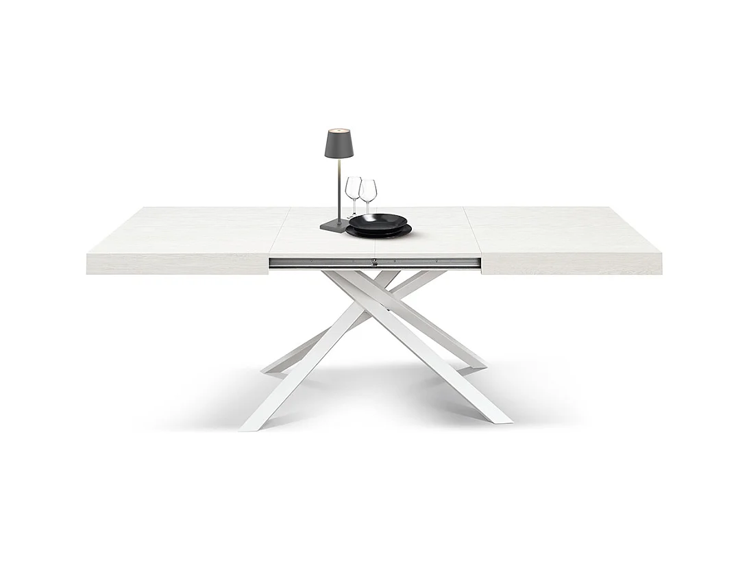 Tavolo Allungabile Giulia, Gambe Incrociate, Made in Italy, 140 x 90 x 74 cm, Bianco Frassinato con Gamba Bianca