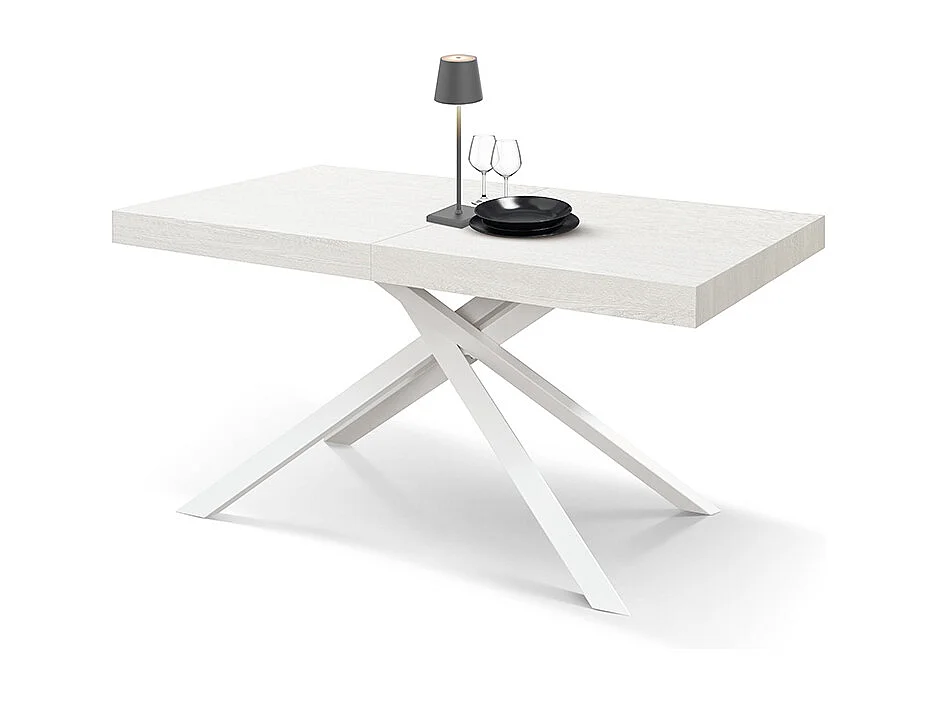 Tavolo Allungabile Giulia, Gambe Incrociate, Made in Italy, 140 x 90 x 74 cm, Bianco Frassinato con Gamba Bianca