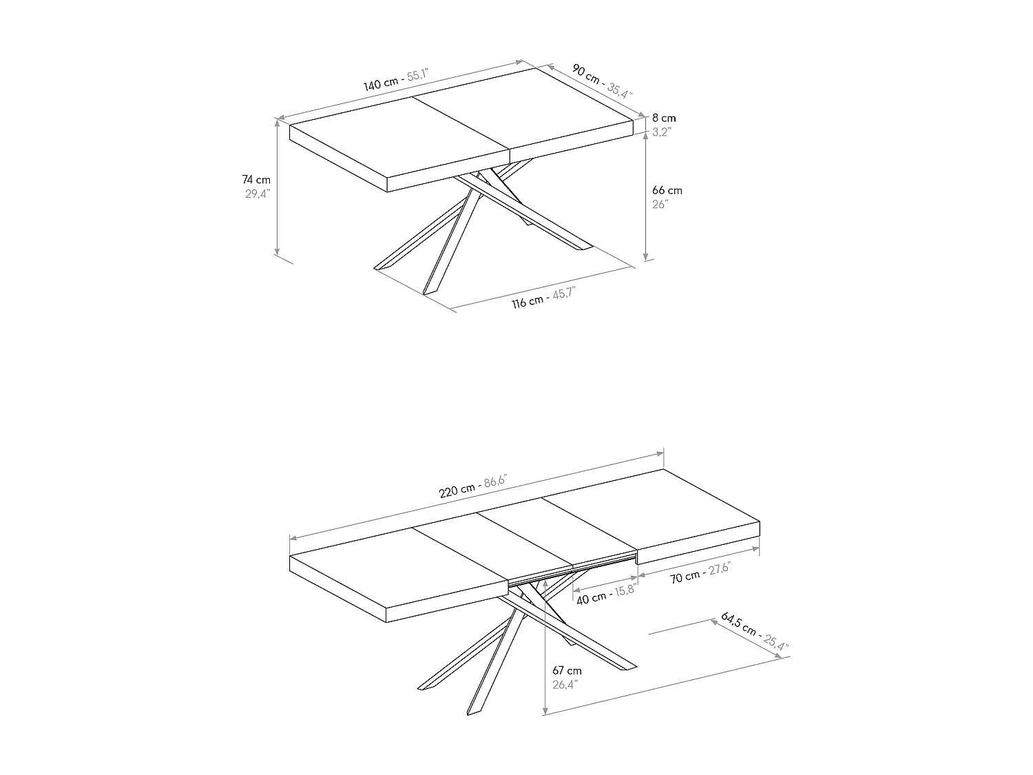 Tavolo Allungabile Giulia, Gambe Incrociate, Made in Italy, 140 x 90 x 74 cm, Bianco Frassinato con Gamba Bianca