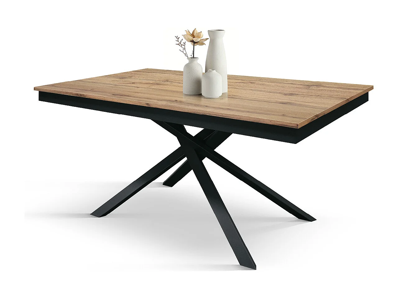 Tavolo Allungabile Marisa, Gambe Incrociate, Made in Italy, Basamento Nero, Rovere Rustico, 120x80x76 cm