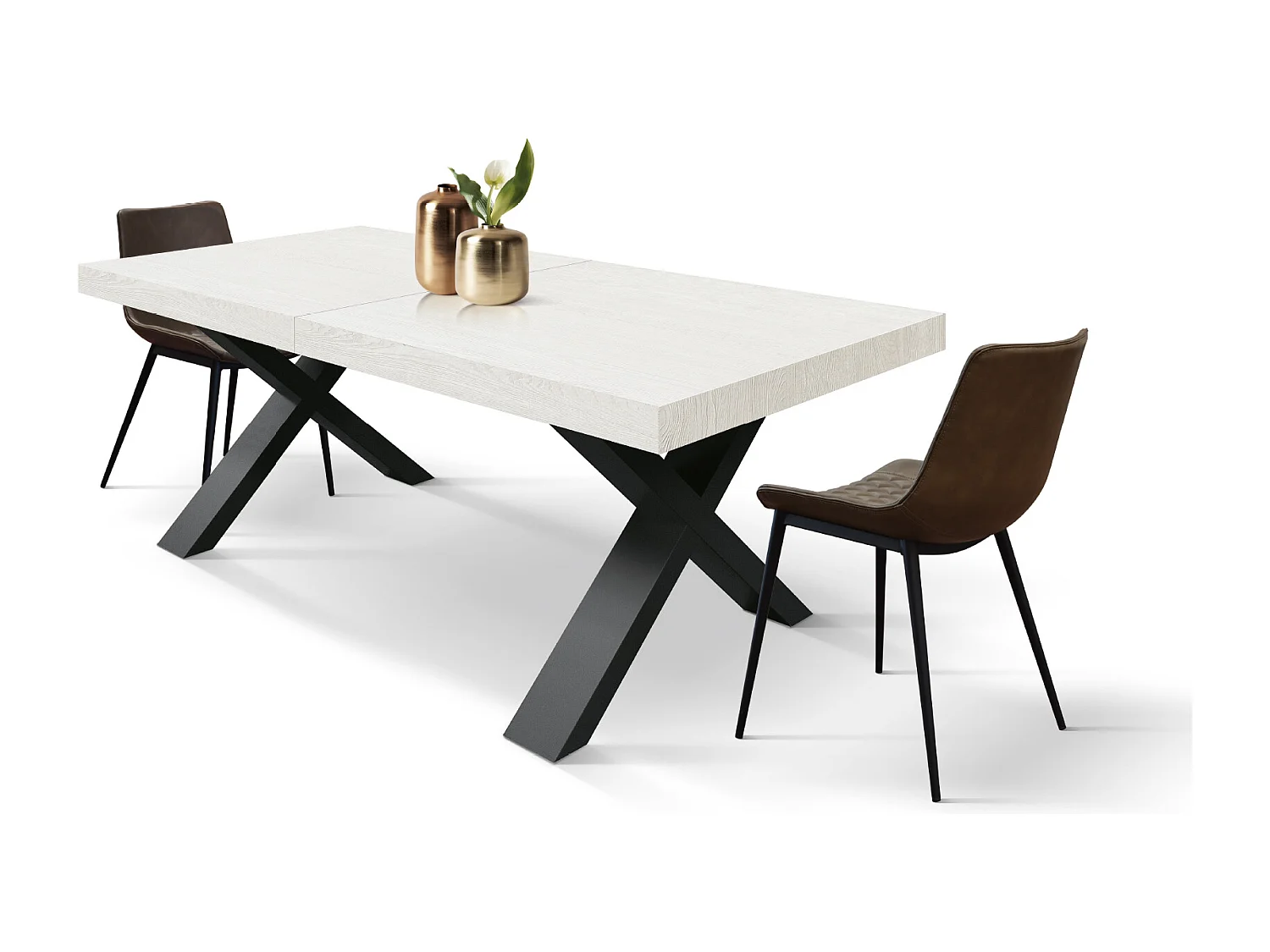 Tavolo Allungabile Linda, Gambe Incrociate a X, Made in Italy, Basamento nero, Bianco frassinato, 180x90x76 cm