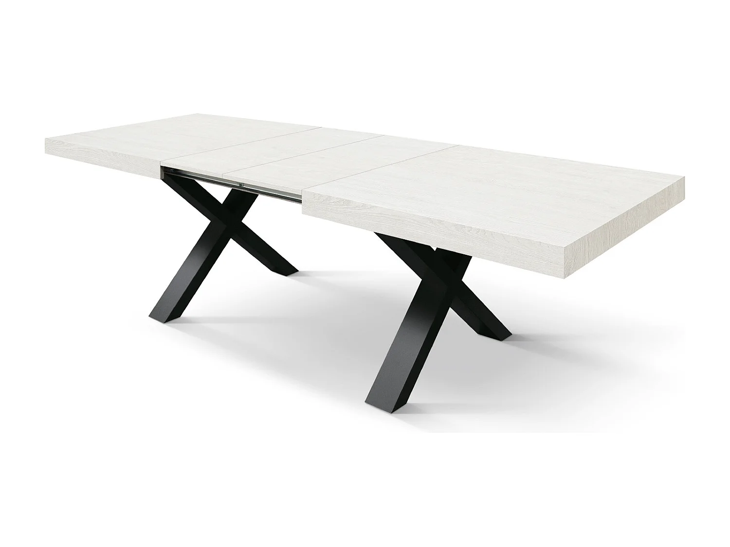 Tavolo Allungabile Linda, Gambe Incrociate a X, Made in Italy, Basamento nero, Bianco frassinato, 180x90x76 cm
