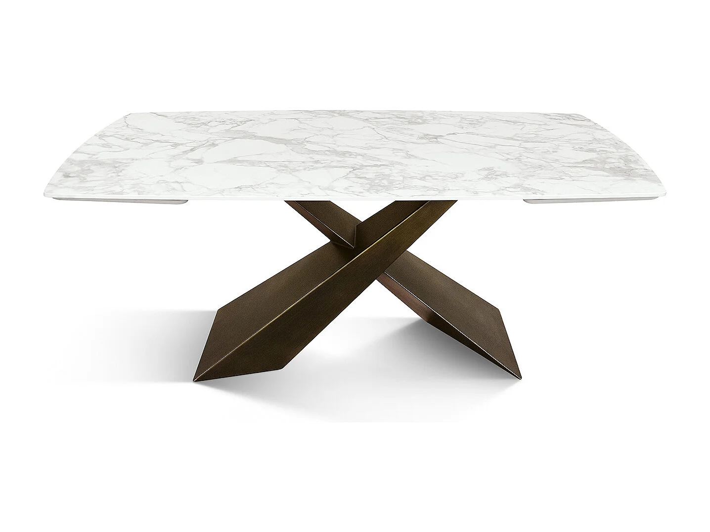 Tavolo allungabile Adamo,Piano in ceramica bianco arabesco, gambe in metallo bronzo a X, 180x90 cm