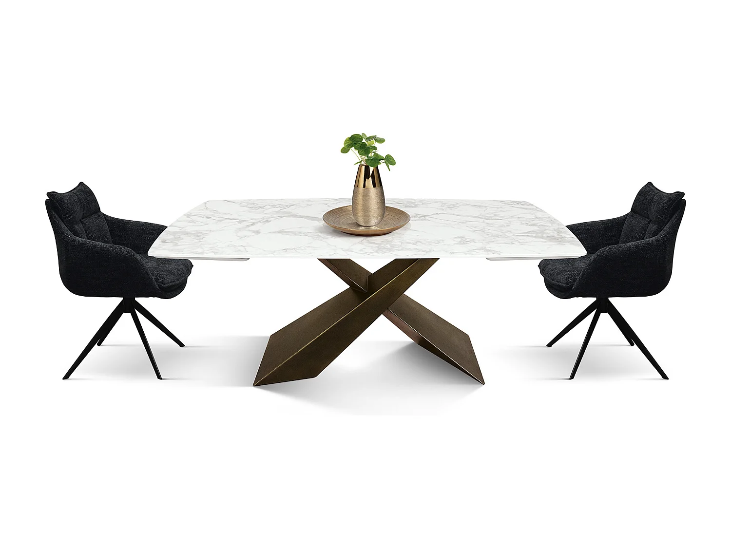 Tavolo allungabile Adamo,Piano in ceramica bianco arabesco, gambe in metallo bronzo a X, 180x90 cm