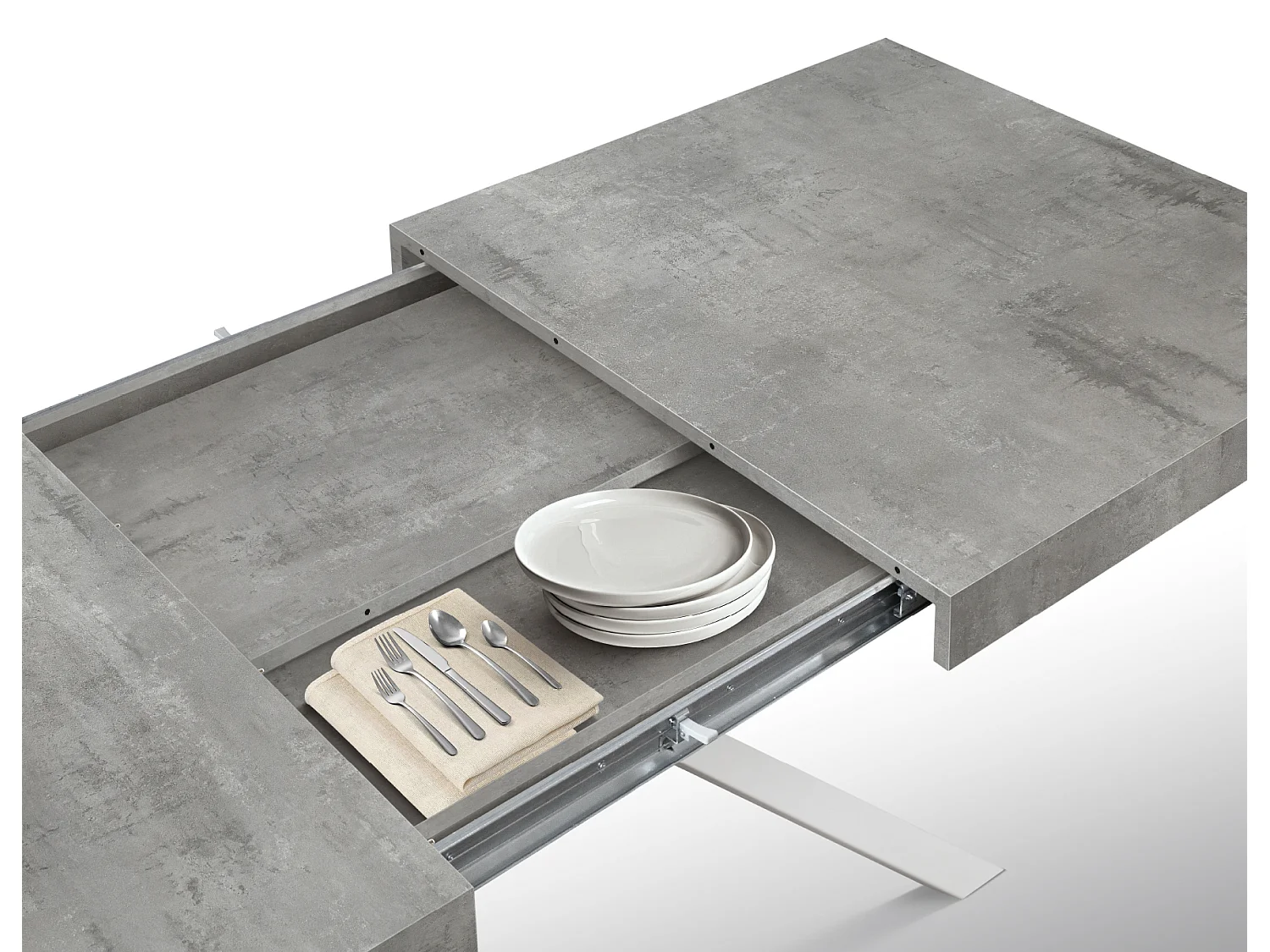 Tavolo Allungabile Fulvio, Gambe Incrociate Bianche, Made In Italy, Grigio Cemento, Tavolo Cucina, Tavolo Sala Da Pranzo, Tavolo Estensibile, 95x90x76 cm