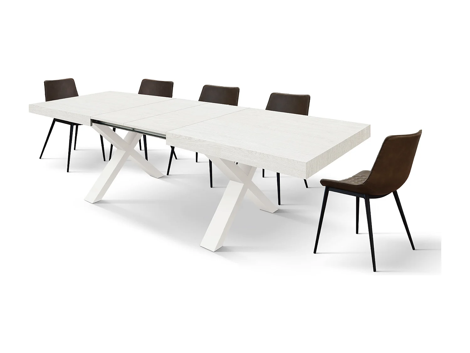 Tavolo Allungabile Nadir, Gambe Incrociate a X, Made in Italy, Basamento bianco, Bianco frassinato, 160x90x76 cm