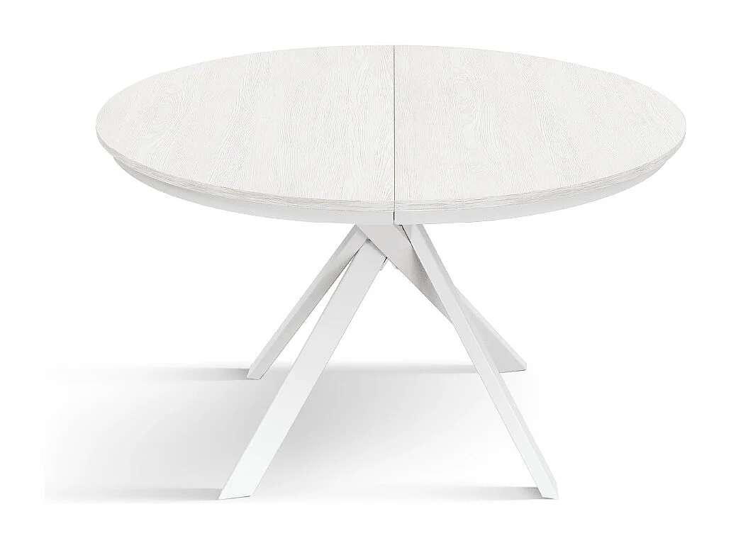 Tavolo Allungabile Karem, Gambe Incrociate Shangay rotondo, Made in Italy, Basamento bianco, Bianco frassinato