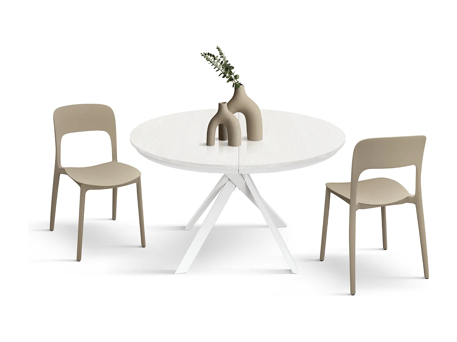 Tavolo Allungabile Karem, Gambe Incrociate Shangay rotondo, Made in Italy, Basamento bianco, Bianco frassinato