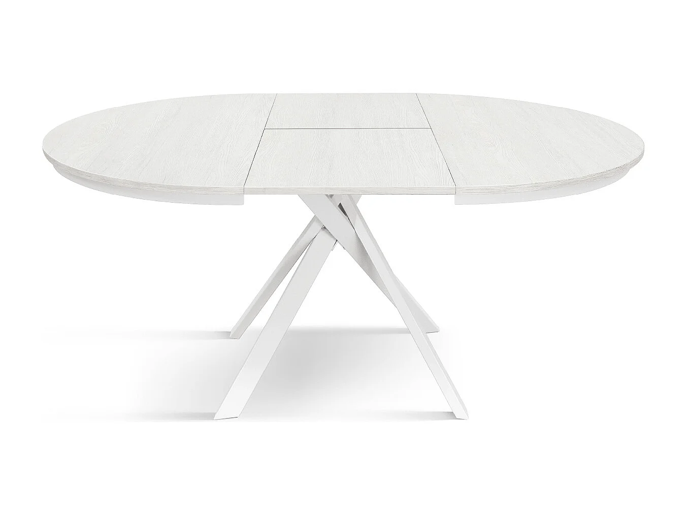 Tavolo Allungabile Karem, Gambe Incrociate Shangay rotondo, Made in Italy, Basamento bianco, Bianco frassinato