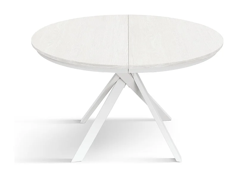 Tavolo Allungabile Karem, Gambe Incrociate Shangay rotondo, Made in Italy, Basamento bianco, Bianco frassinato