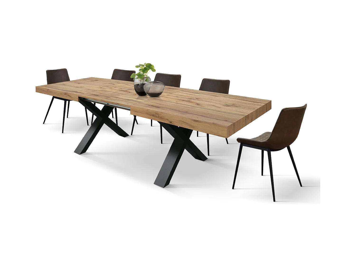 Tavolo Allungabile Elisa, Gambe Incrociate a X, Made in Italy, Basamento nero, Rovere rustico, 160x90x76 cm