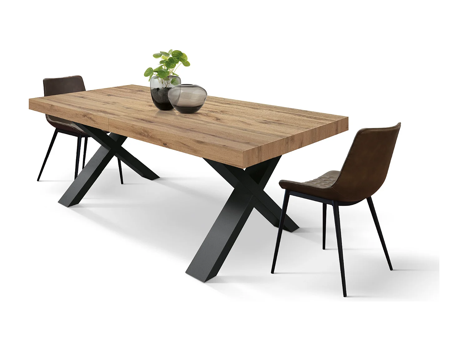 Tavolo Allungabile Elisa, Gambe Incrociate a X, Made in Italy, Basamento nero, Rovere rustico, 160x90x76 cm