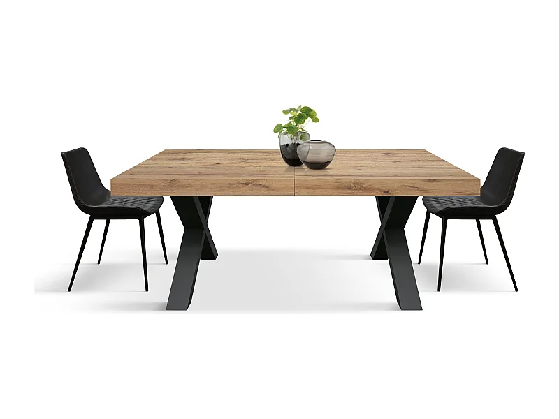 Tavolo Allungabile Elisa, Gambe Incrociate a X, Made in Italy, Basamento nero, Rovere rustico, 160x90x76 cm