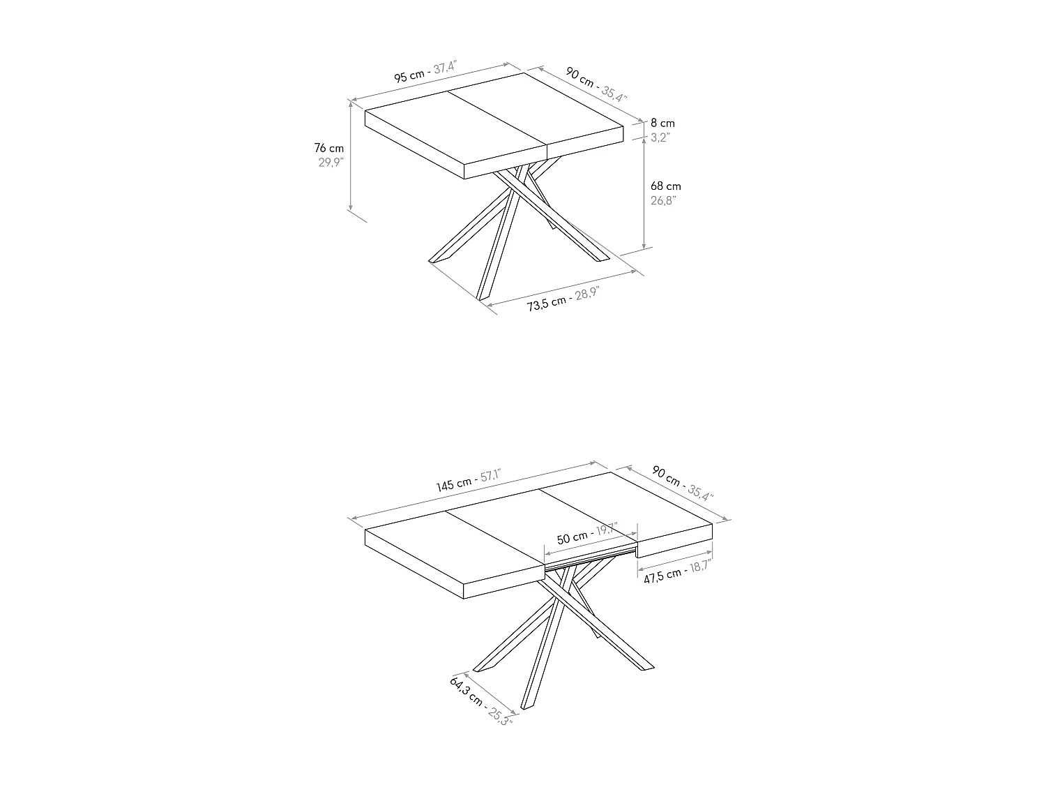 Tavolo Allungabile Fulvio, Gambe Incrociate Nere, Made In Italy, Grigio Cemento, Tavolo Cucina, Tavolo Sala Da Pranzo, Tavolo Estensibile, 95x90x76 cm