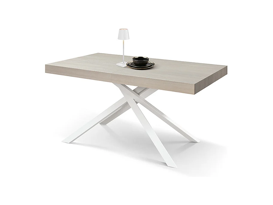 Tavolo Allungabile Flore, Gambe Incrociate, Made in Italy, 140 x 90 x 74 cm, Olmo Perla con Gamba Bianca
