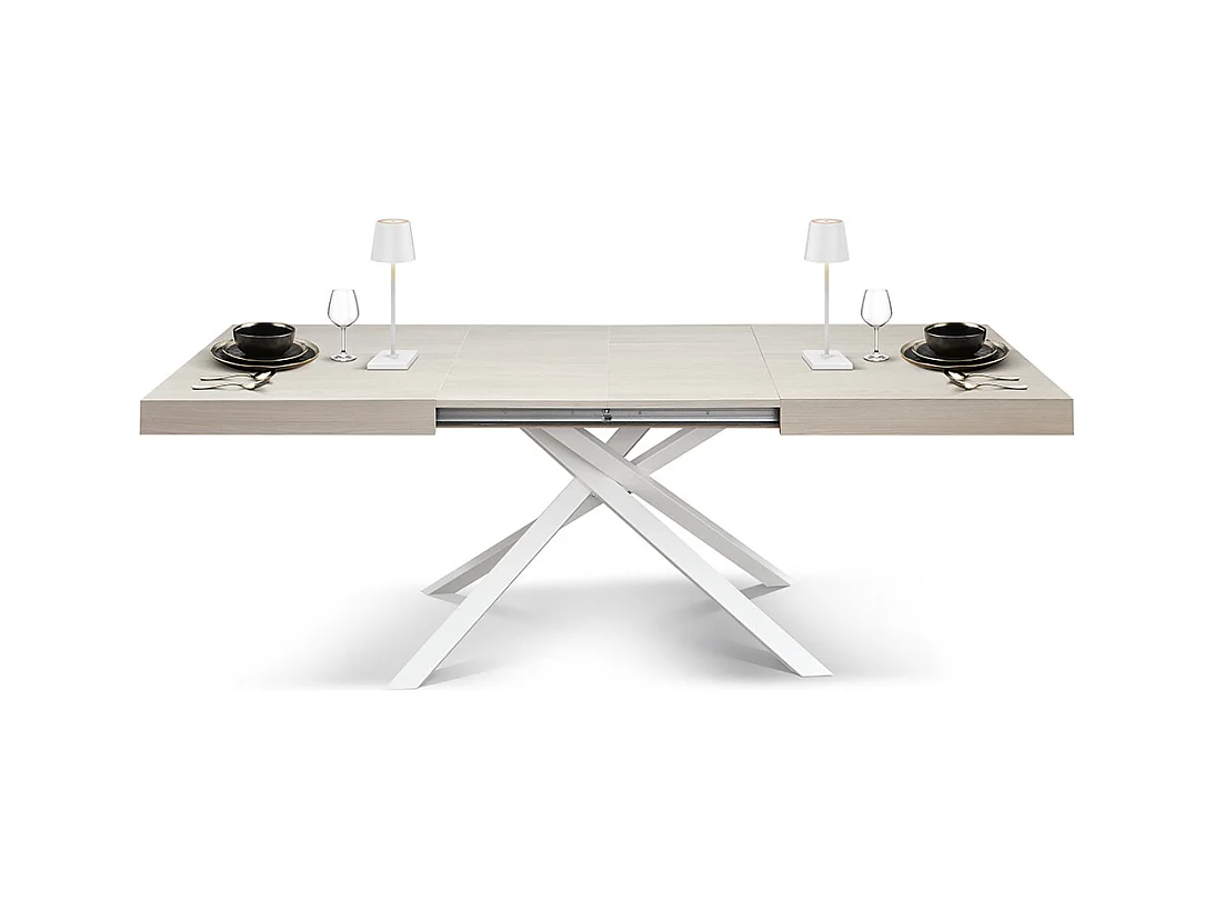 Tavolo Allungabile Flore, Gambe Incrociate, Made in Italy, 140 x 90 x 74 cm, Olmo Perla con Gamba Bianca