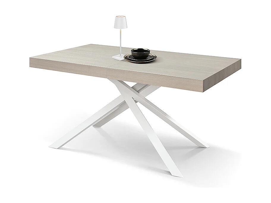 Tavolo Allungabile Flore, Gambe Incrociate, Made in Italy, 140 x 90 x 74 cm, Olmo Perla con Gamba Bianca