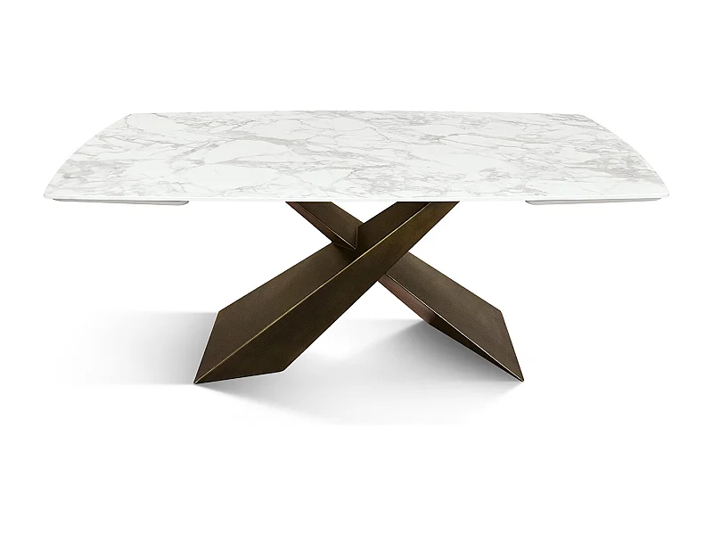 Tavolo allungabile Ernesto,Piano in ceramica bianco arabesco, gambe in metallo bronzo a X, 160x90 cm