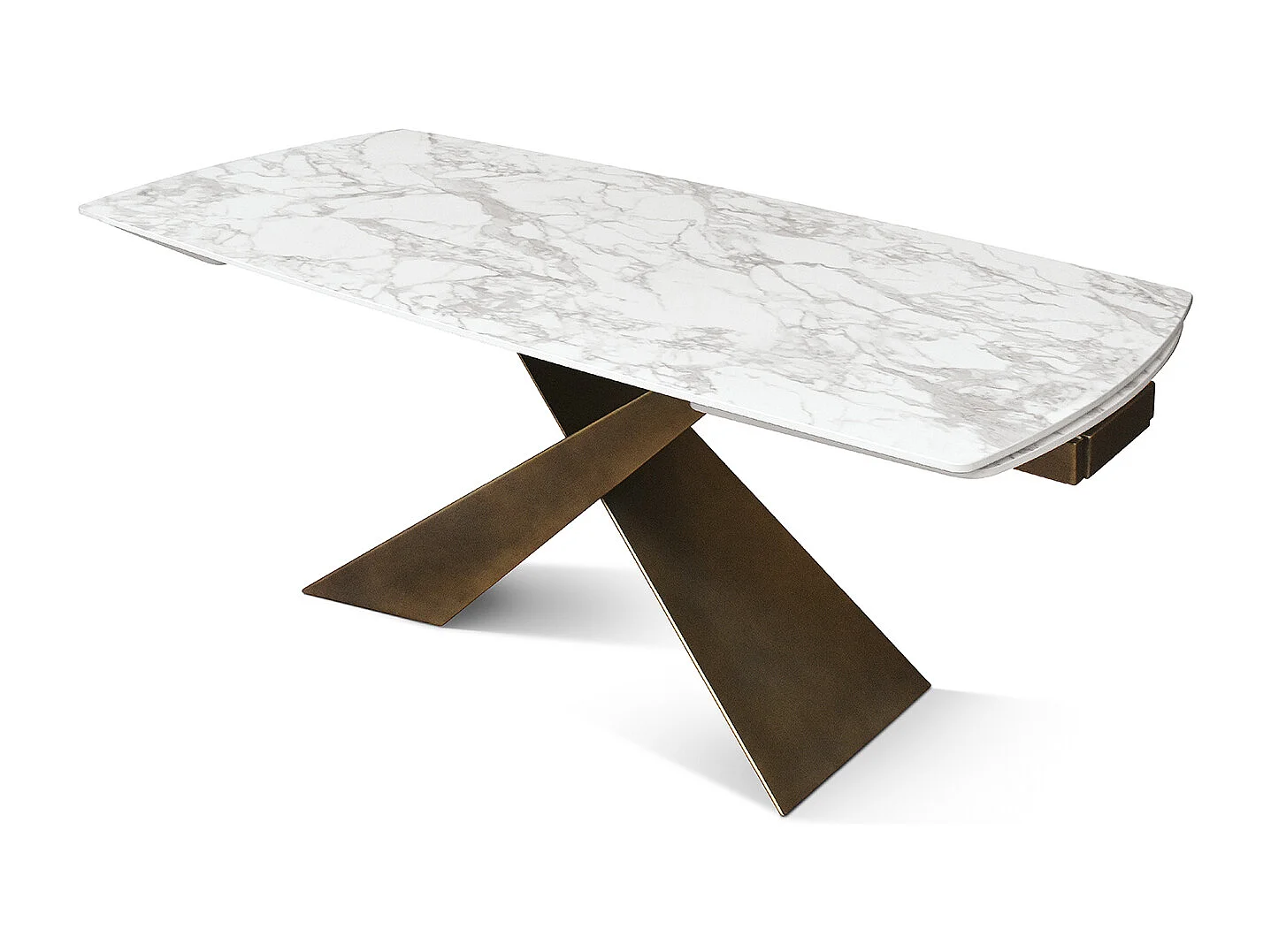 Tavolo allungabile Ernesto,Piano in ceramica bianco arabesco, gambe in metallo bronzo a X, 160x90 cm