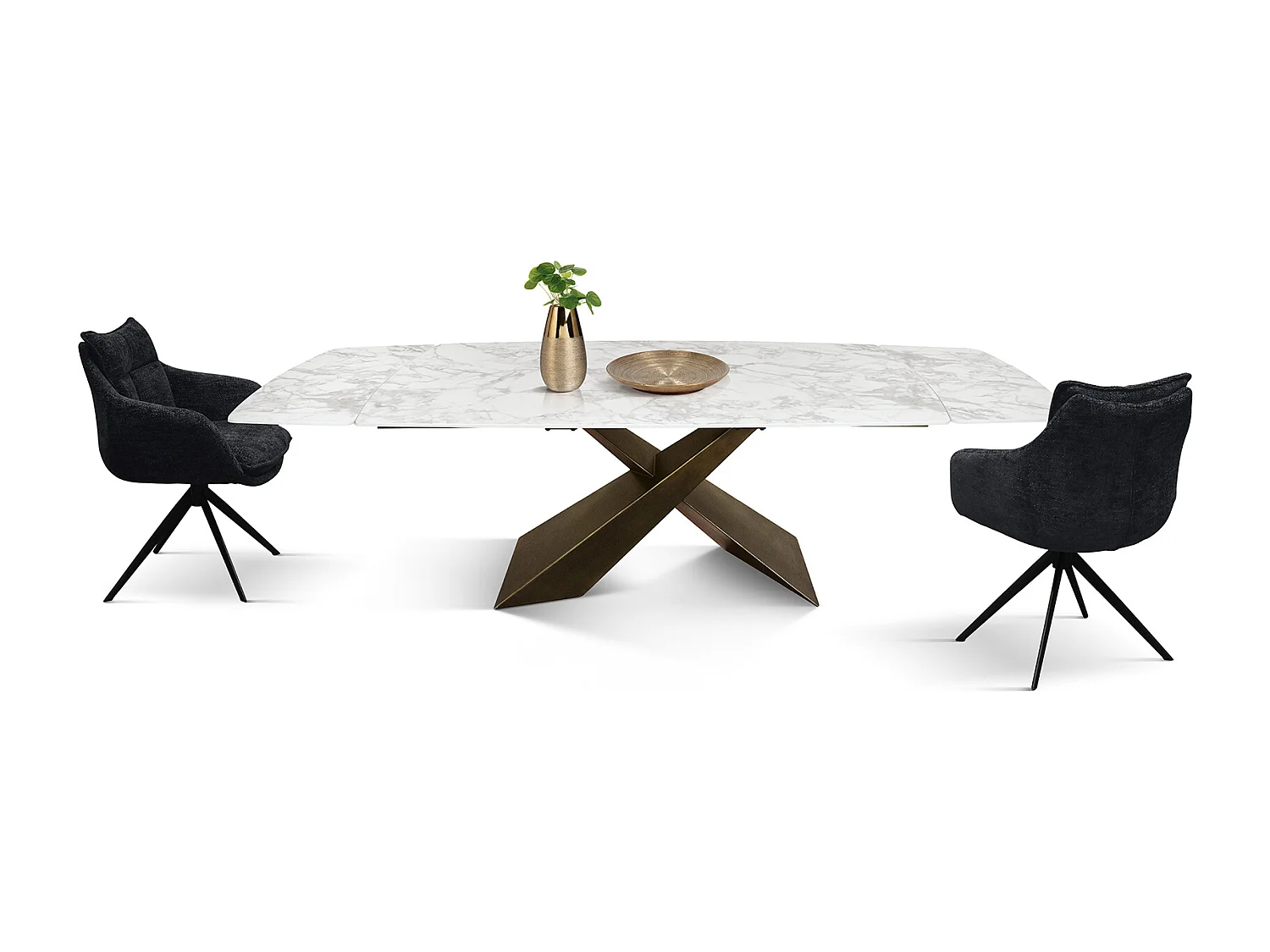 Tavolo allungabile Ernesto,Piano in ceramica bianco arabesco, gambe in metallo bronzo a X, 160x90 cm