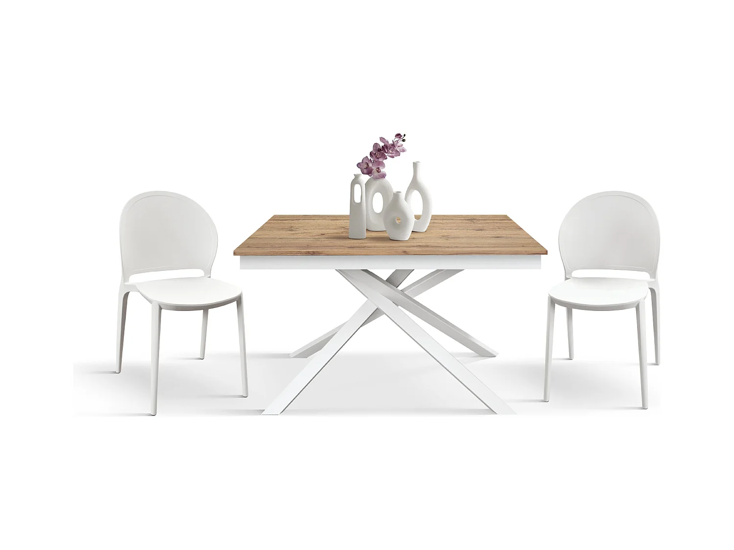 Tavolo Allungabile Marisa, Gambe Incrociate, Made in Italy, Basamento Bianco, Rovere Rustico, 120x80x76 cm