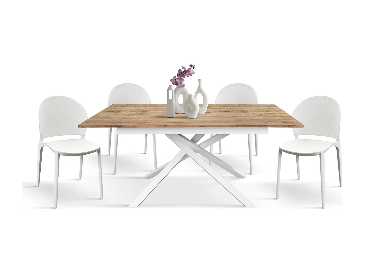 Tavolo Allungabile Marisa, Gambe Incrociate, Made in Italy, Basamento Bianco, Rovere Rustico, 120x80x76 cm