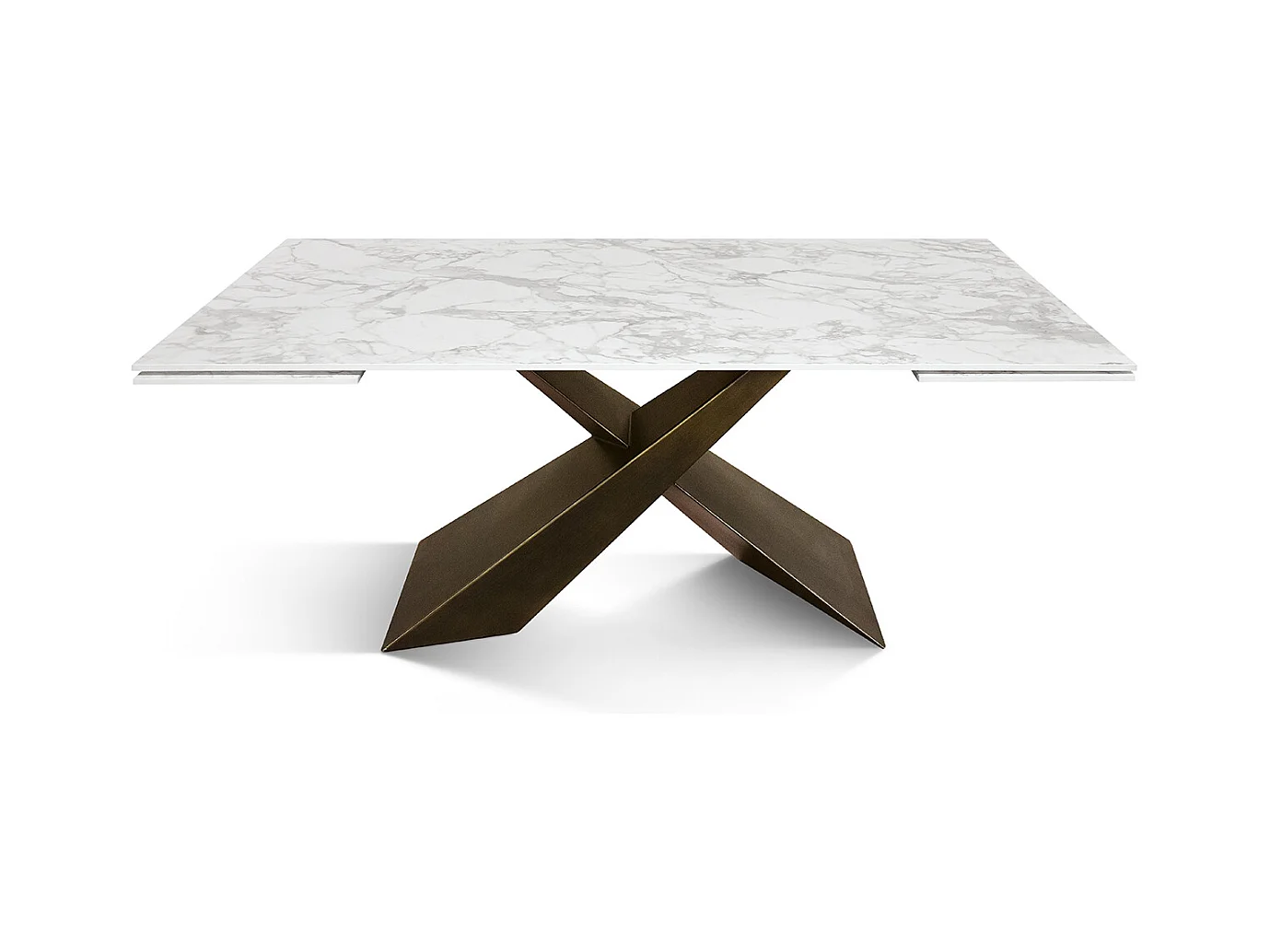 Tavolo allungabile Cesare,Piano in ceramica bianco arabesco, gambe in metallo bronzo a X, 180x90 cm