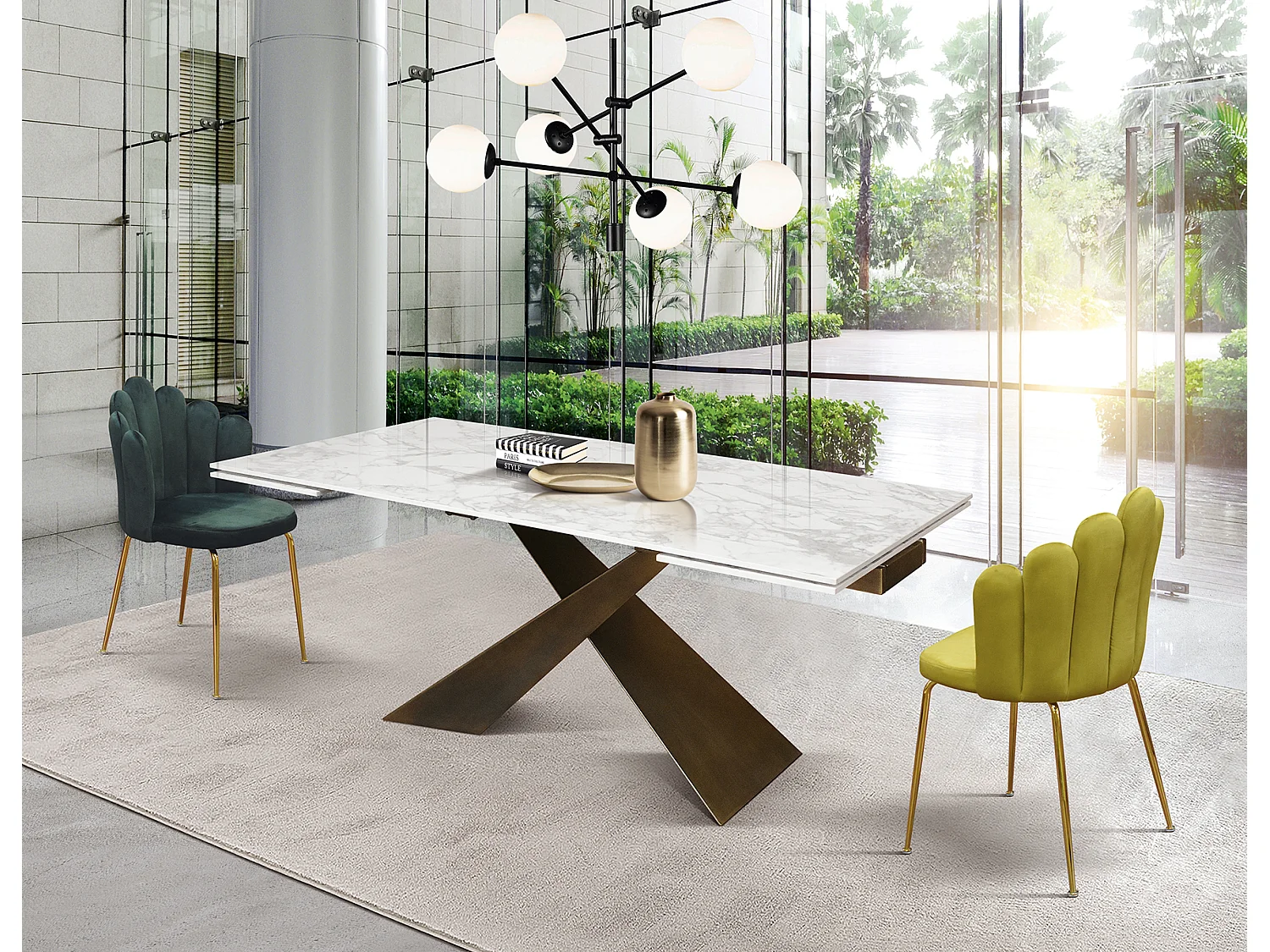 Tavolo allungabile Cesare,Piano in ceramica bianco arabesco, gambe in metallo bronzo a X, 180x90 cm