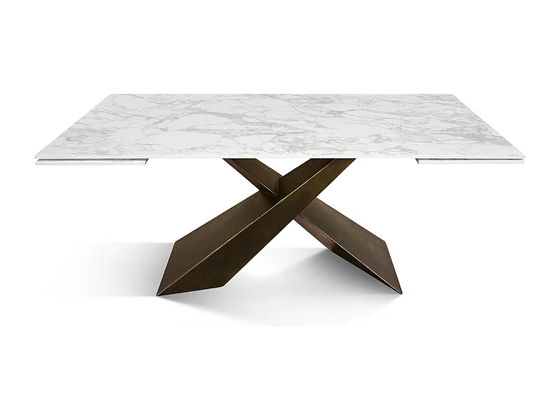 Tavolo allungabile Cesare,Piano in ceramica bianco arabesco, gambe in metallo bronzo a X, 180x90 cm