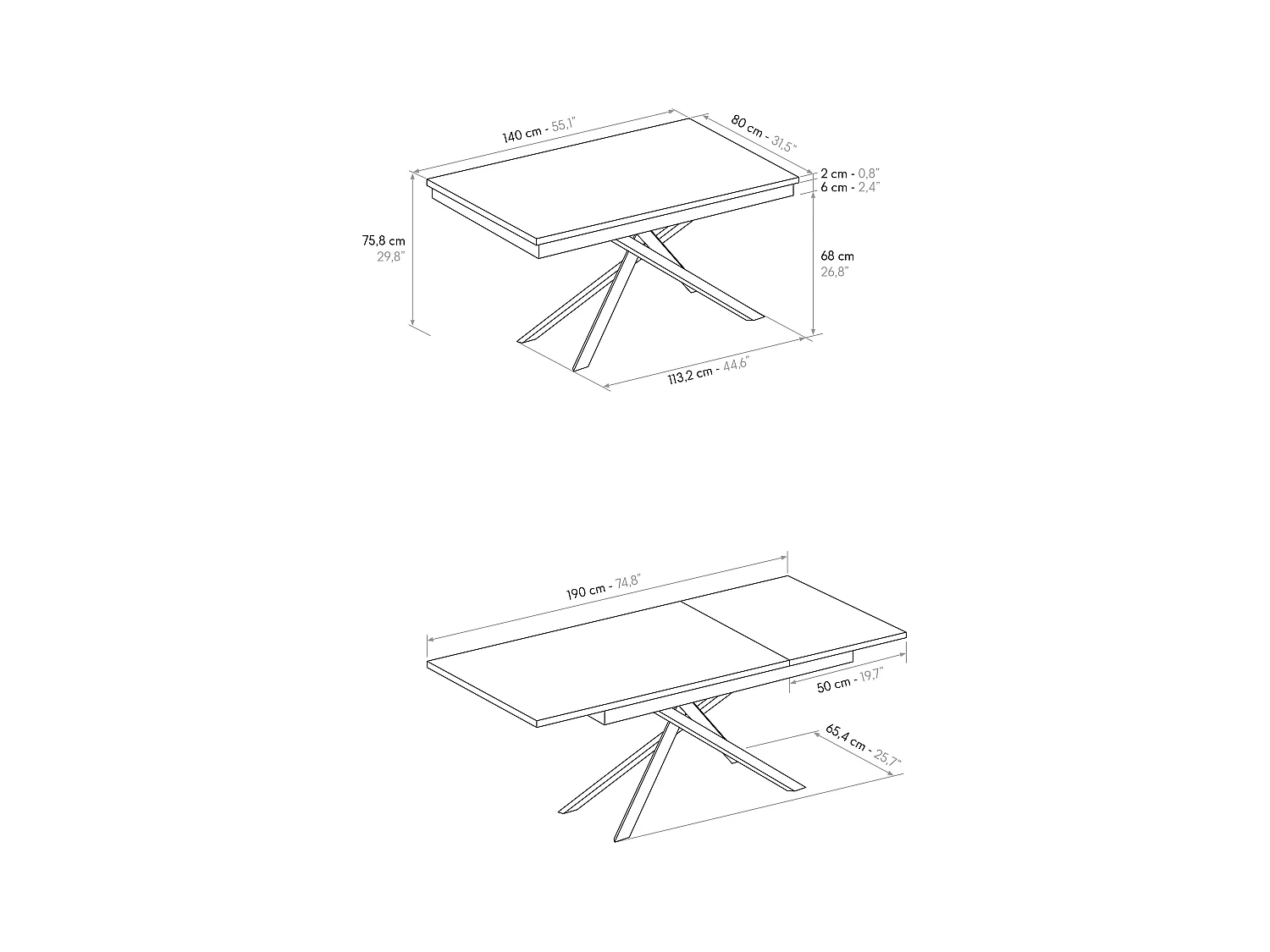 Tavolo Allungabile Dania, Gambe Incrociate, Made in Italy, Basamento Bianco, Grigio Cemento, 140x80x76 cm