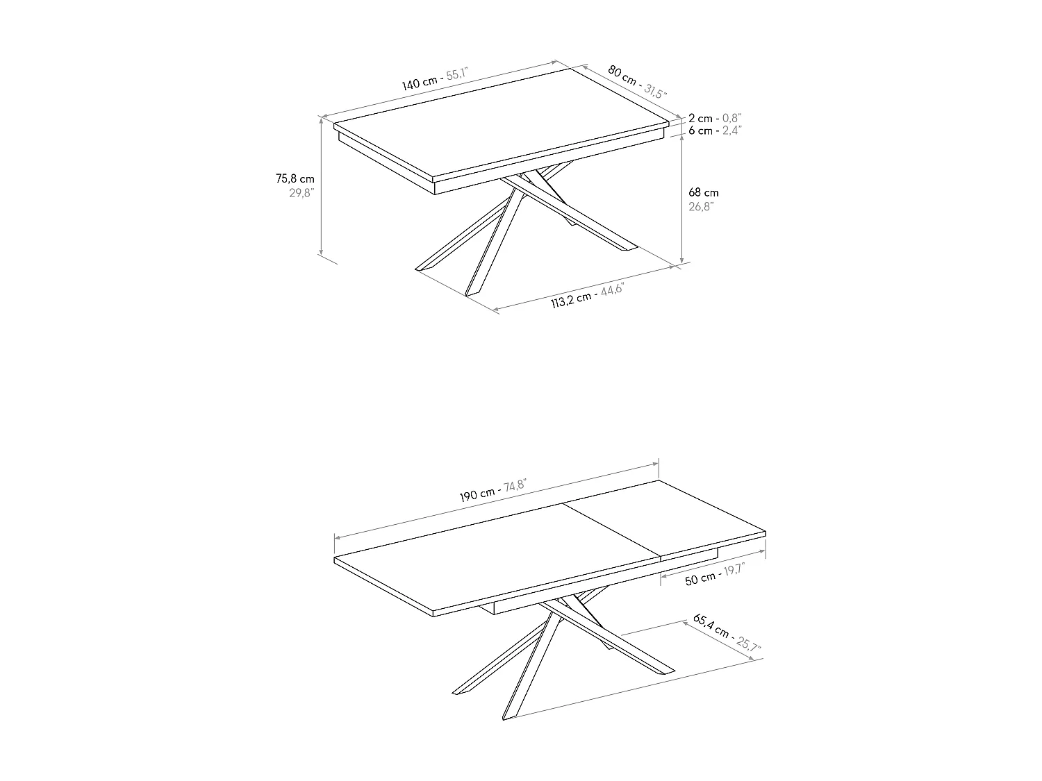 Tavolo Allungabile Dania, Gambe Incrociate, Made in Italy, Basamento Bianco, Grigio Cemento, 140x80x76 cm