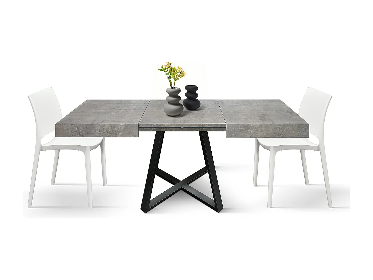 Tavolo Allungabile Mimì, Gambe Incrociate Nere, Grigio Cemento, Tavolo Cucina, Tavolo Sala Da Pranzo, Tavolo Estensibile, Made in Italy, 95x90x75,5 cm
