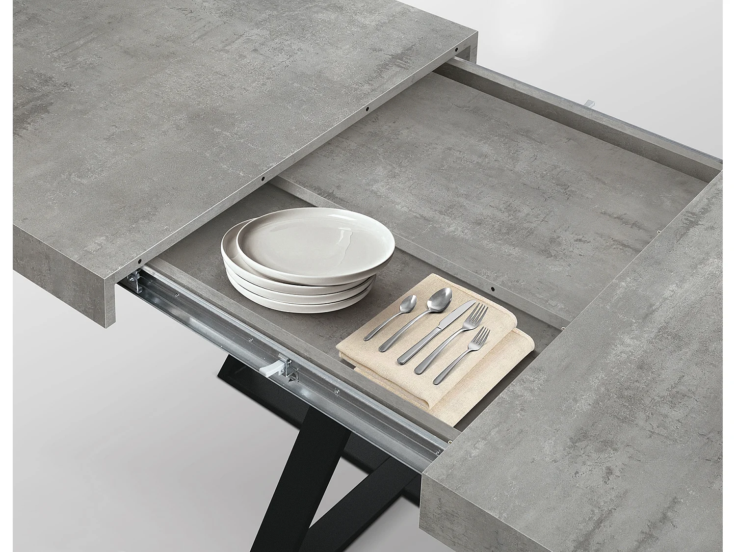 Tavolo Allungabile Mimì, Gambe Incrociate Nere, Grigio Cemento, Tavolo Cucina, Tavolo Sala Da Pranzo, Tavolo Estensibile, Made in Italy, 95x90x75,5 cm