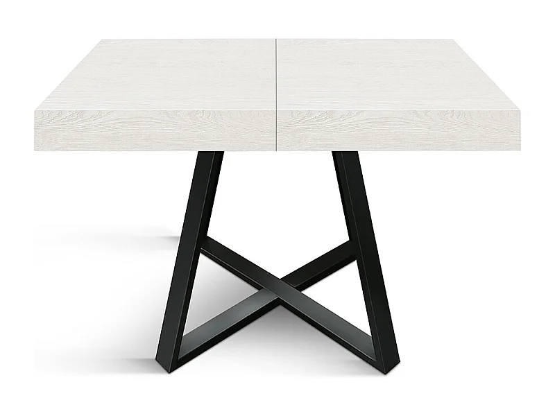 Tavolo Allungabile Ariel, Gambe Incrociate Nere, Bianco Frassinato, Tavolo Cucina, Tavolo Sala Da Pranzo, Made in Italy, 95x90x75,5 cm
