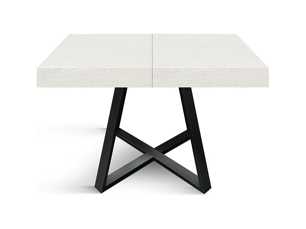 Tavolo Allungabile Ariel, Gambe Incrociate Nere, Bianco Frassinato, Tavolo Cucina, Tavolo Sala Da Pranzo, Made in Italy, 95x90x75,5 cm