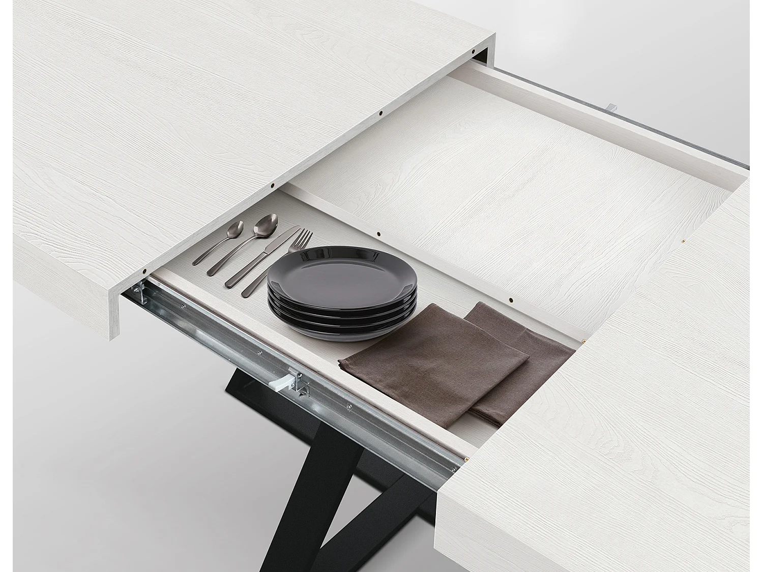 Tavolo Allungabile Ariel, Gambe Incrociate Nere, Bianco Frassinato, Tavolo Cucina, Tavolo Sala Da Pranzo, Made in Italy, 95x90x75,5 cm