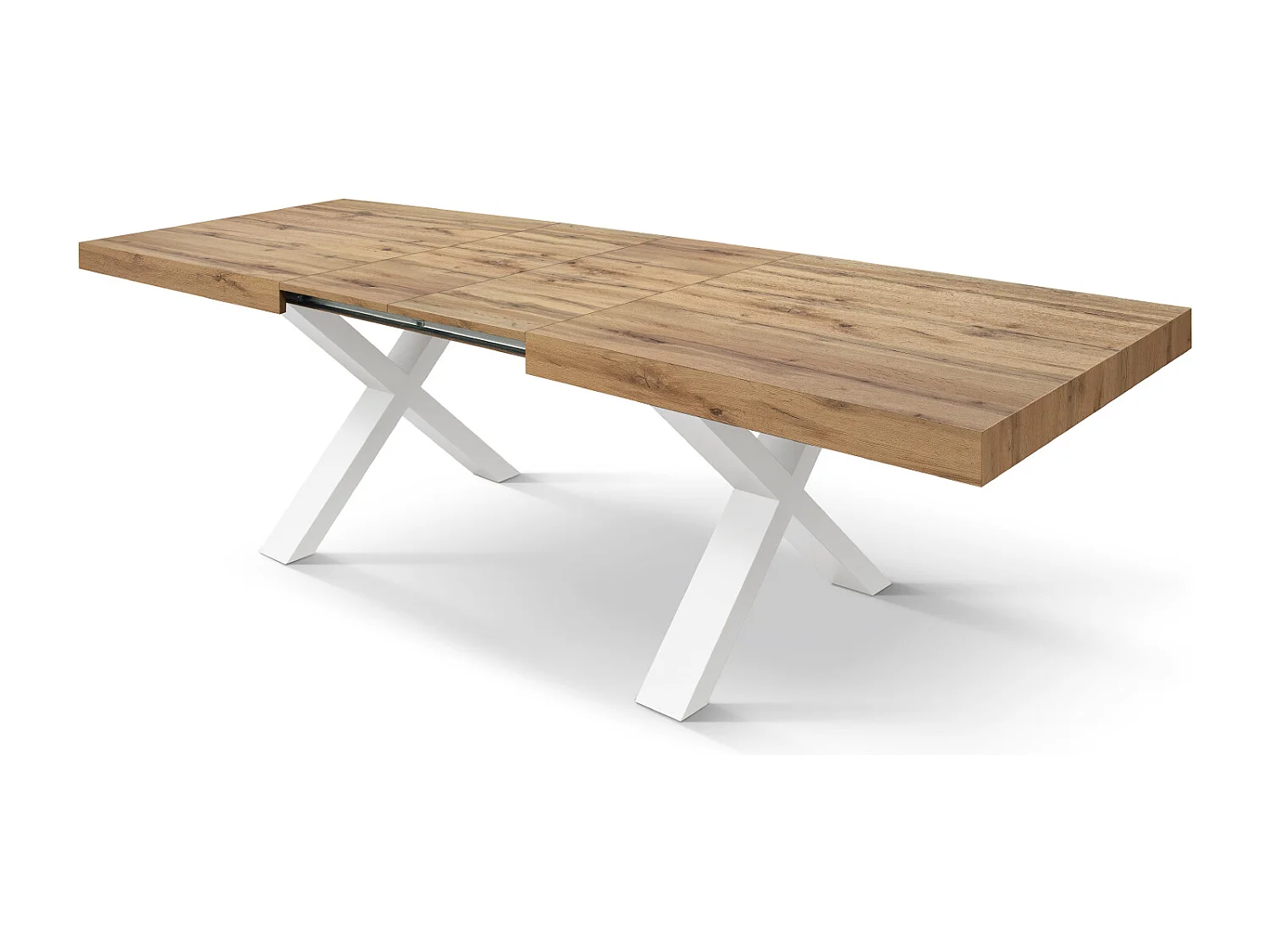 Tavolo Allungabile Marco, Gambe Incrociate a X, Made in Italy, Basamento bianco, Rovere rustico, 180x90x76 cm