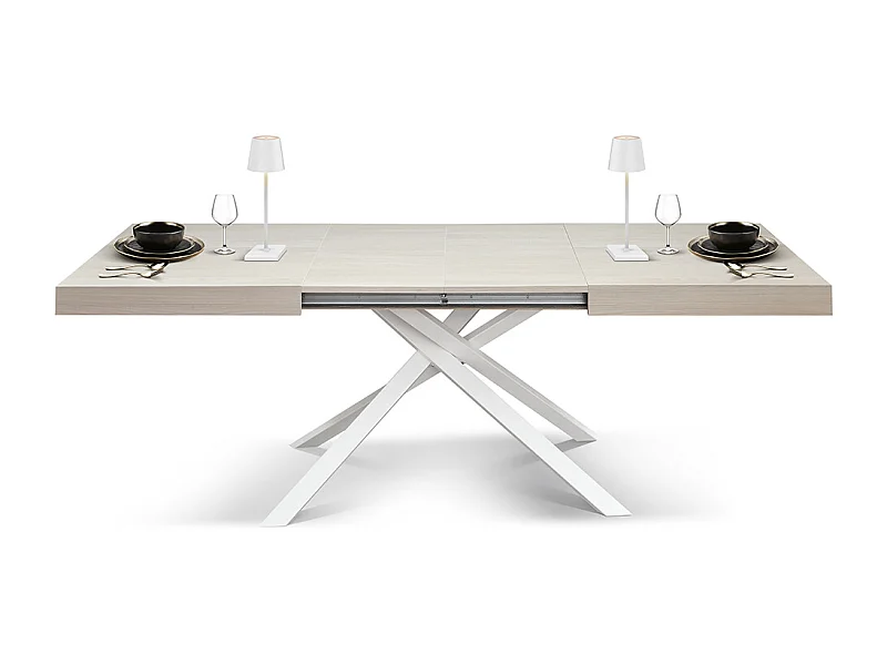Tavolo Allungabile Carole, Gambe Incrociate, Made in Italy, 160 x 90 x 74 cm, Olmo Perla con Gamba Bianca