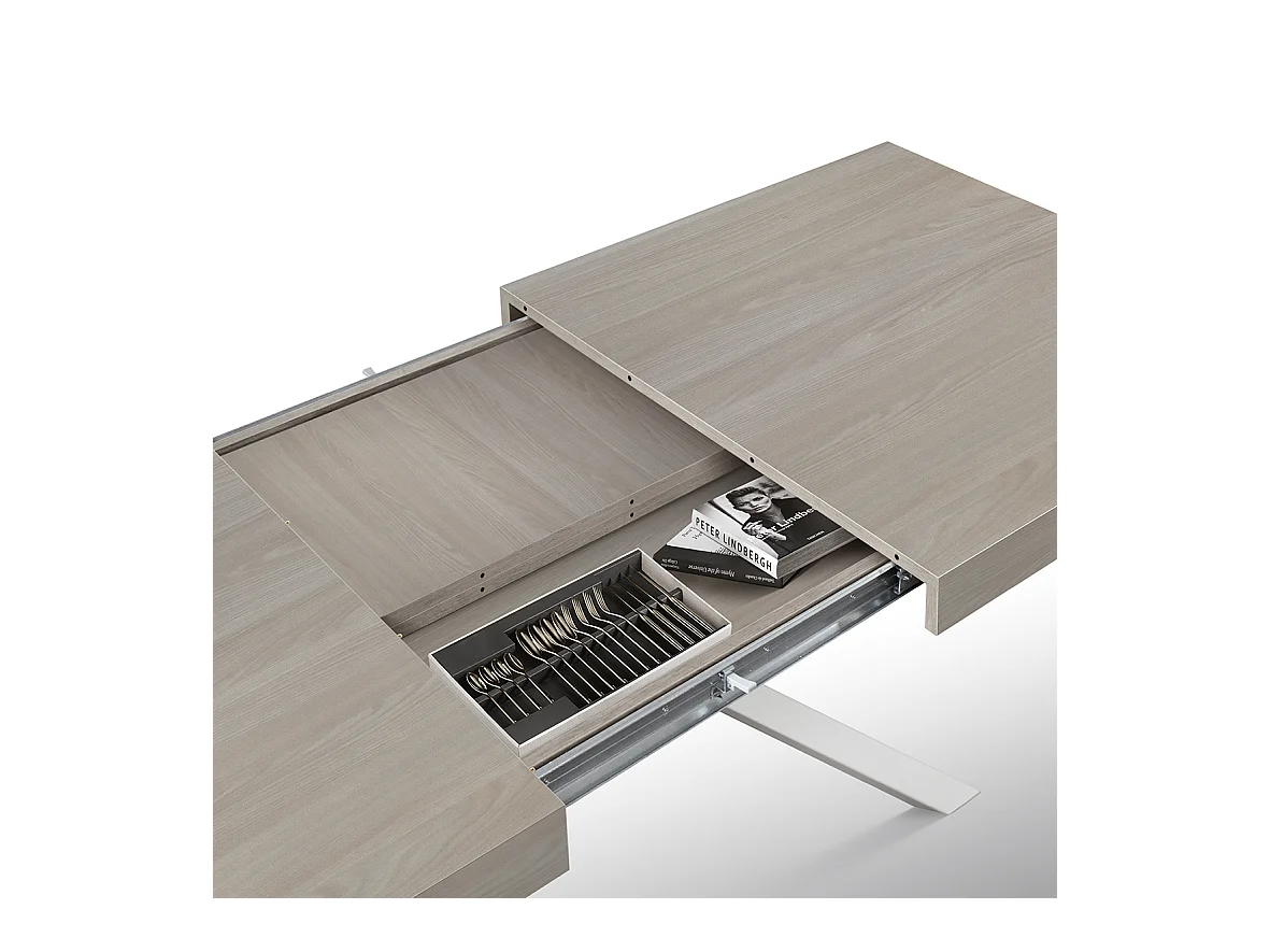 Tavolo Allungabile Carole, Gambe Incrociate, Made in Italy, 160 x 90 x 74 cm, Olmo Perla con Gamba Bianca