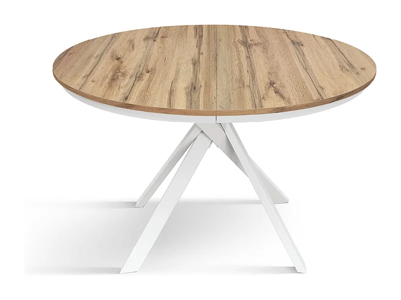 Tavolo Allungabile Gabri, Gambe Incrociate Shangay rotondo, Made in Italy, Basamento bianco, Rovere rustico