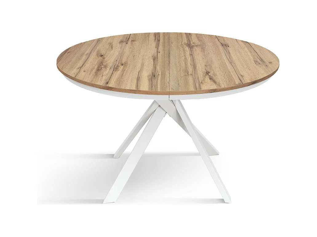 Tavolo Allungabile Gabri, Gambe Incrociate Shangay rotondo, Made in Italy, Basamento bianco, Rovere rustico