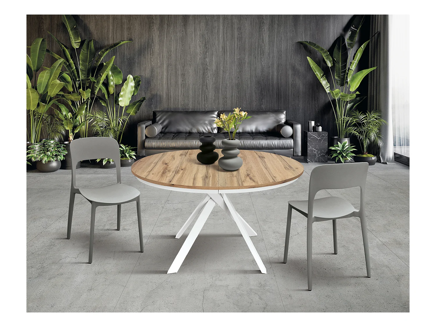 Tavolo Allungabile Gabri, Gambe Incrociate Shangay rotondo, Made in Italy, Basamento bianco, Rovere rustico